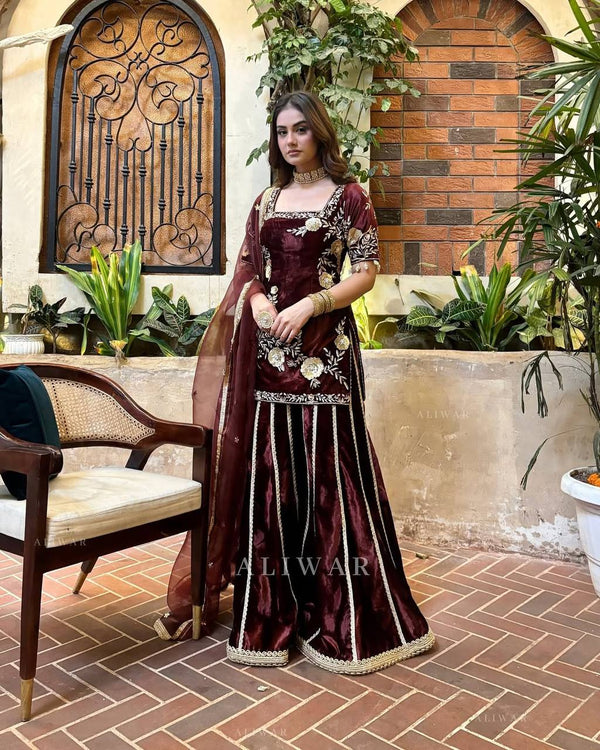 mehroon Colour Party Wear Patiyala Suit