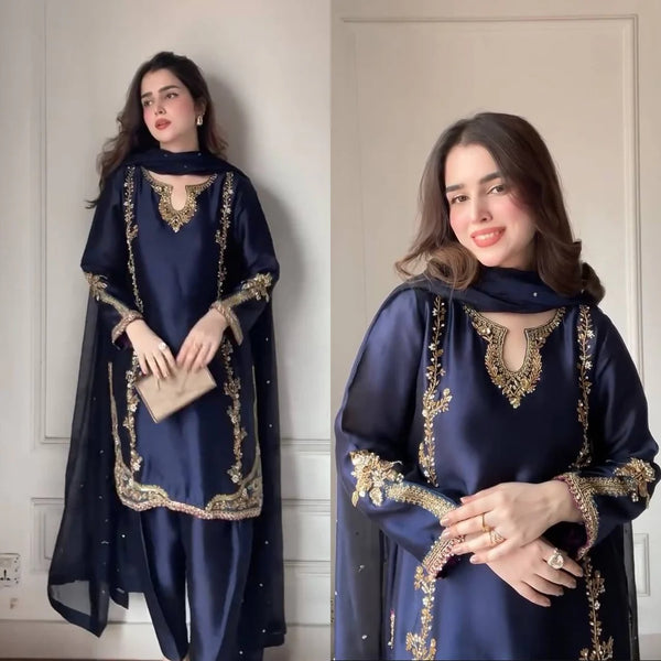 Midnight Blue Zari Bids Hand Work Full Hand patiyala suit set