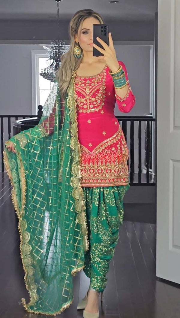 Green And Pink Colour Premium  Party Wear Patiyala Suit