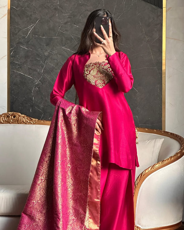 Rani Pink Silk Patiala Suit with Heavy Bids Hand Work
